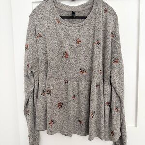 Francesca's Alya Embroidered Flower Babydoll Long Sleeve Top Gray XL